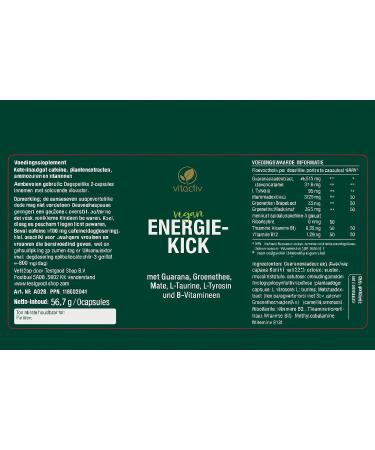 Vitactiv Natural Nutrition VITACTIV Energy Kick 90 Guarana Capsules with Matte Green Tea LTyrosine LTaurine plus B Vitamins Energy Capsules 100mg Caffeine Booster Vegan High Dose - Buy Online on GoSupps.com