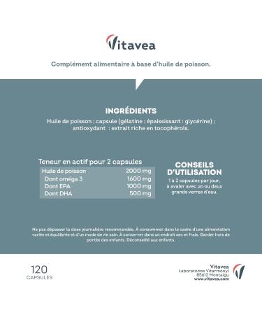 Omega 3 Wild Fish Oil 2000mg | 4 Months | High Concentration of EPA (1000 mg) and DHA (500 mg) | Support Cognitive and Visual Functions | Made in France | Vitavea - Buy Online on GoSupps.com