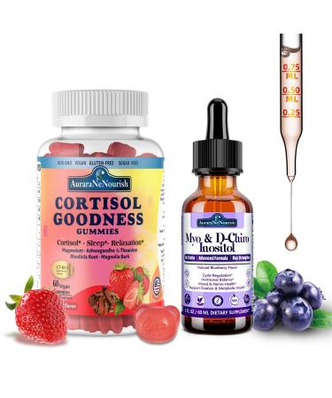 AuraraNeNourish 2 Pack Cortisol Supplement Gummies & Myo-Inositol & D-Chiro Inositol Drops for Women Men