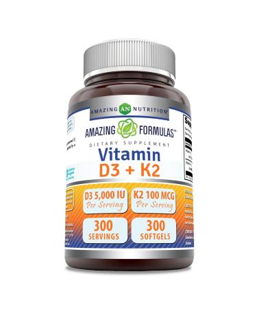 Amazing Formulas Vitamin D3 5000 IU with Vitamin K2 100 Mcg | D3 + K2 Complex Supplement | Softgels | Non-GMO | Gluten-Free | Made in USA (1 Pack 300 Count) 300 Count 1 Count (Pack of 1)