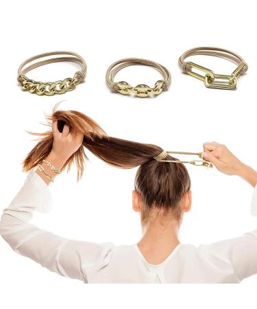 Gold Plated Ponytail Holders Scrunchies - Soft Elastic Hair Ties Bracelet - Trendy Hair Accessories for Women in Khaki - Buy Online on GoSupps.com