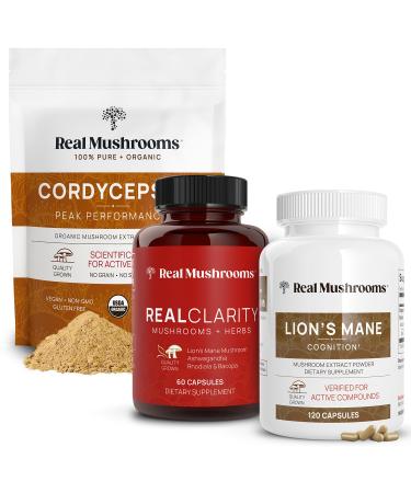 Real Mushrooms RealClarity (60ct) & Lions Mane (120ct) Capsules w/Cordyceps Powder Bundle - Mushroom Supplement for Mental Clarity Focus Cognition Energy & Vitality - Vegan Non-GMO