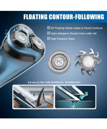 Men's Electric Shaver FlySpur 3D Rechargeable Waterproof Rotary Razor with Pop-up Trimmer - Blue - Buy Online on GoSupps.com