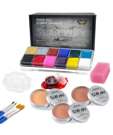 immetee Scar Wax SFX Makeup Kit, Face & Body Paint, Christmas Halloween Makeup Kit, Fake Blood, Painting Brushes, Spatula, Stipple Sponge, Stage Theatrical Party Cosplay, Carnival