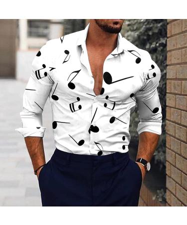 Men's Music Note Print Hawaiian Shirt - White Button Down Casual Shirt - Fall Long Sleeve Beach Shirt - Size Medium - Buy Online on GoSupps.com