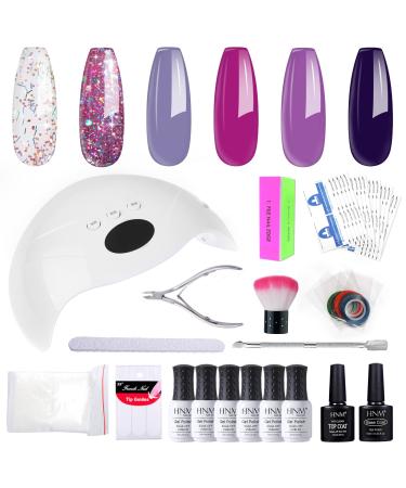 HNM 6 Colors Gel Nail Starter Kit with 48W LED Curing Lamp Base and Top Coat UV LED Soak Off Nail Polish Remover Wrap Manicure Tools Gift Set Purple Gel Polish Full Set For Beginners DIY at Home ZH005