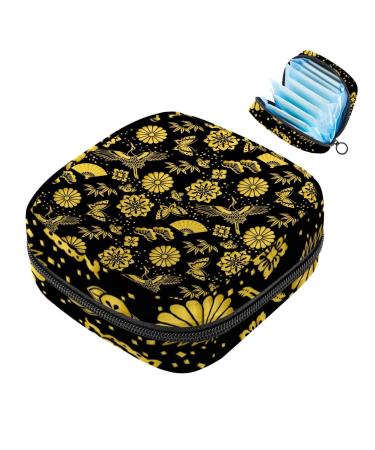 MUOOUM Menstrual Pad Bag Zipper Sanitary Napkin Bag Tampons Collect Bags for Women Girls (Golden Crane Fan Flower) Multi-colored 6