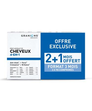 GRANIONS Pro Keracys 4-in-1 Anti-Hair Loss + Strength + Growth + Shine 3 Months Size: 2 x 90 Capsules + 90 Capsules Free Made in France
