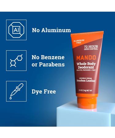 Mando Whole Body Deodorant - Mini Travel Size Invisible Cream Tube - 72 Hour Odor Control - Aluminum and Baking Soda Free Skin Safe - .5 oz (Pack of 2) (Bourbon Leather) Bourbon Leather 0.5 Ounce (Pack of 2) - Buy Online on GoSupps.com