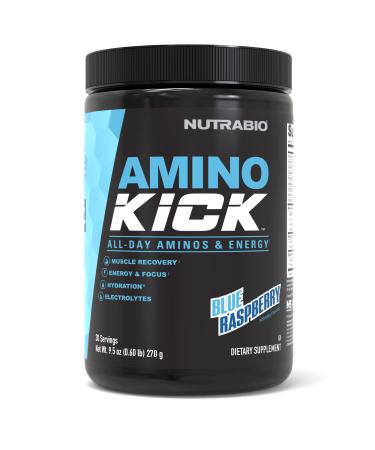 NutraBio Amino Kick - Amino Acid Energy Formula - BCAA's Electrolytes for Hydration Natural Caffeine 30 Servings (Blue Raspberry)