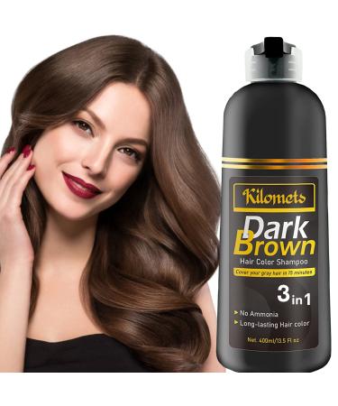 KILOMETS Dark Brown Hair Dye Shampoo 400ml- 100% Grey Coverage in Minutes - Ammonia Free Hair Color Shampoo Gray Silver Hair- Instant Coloring At Home Gift for Her for Him 13.5 Fl Oz (Pack of 1)