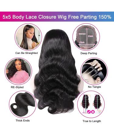 Aaliweya 5x5 HD Lace Closure Human Hair Wig Body Wave 22 inch - Natural Black - Pre Plucked with Baby Hair - 150% Density - Buy Online on GoSupps.com