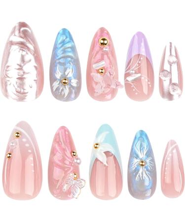 French Tip Press on Nails - Long pointed Press On Nails with Nail Tips Water ripple Gold dot Diamond Butterfly Flower Design Glossy Multicolor press on nails Acrylic False Nails Artificial Nails - Buy Online on GoSupps.com