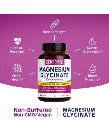 REMEDIATE Magnesium Glycinate 300mg - Max Strength Muscle & Nerve Health - Non-GMO, Gluten-Free - 90 Tabs - Buy Online on GoSupps.com