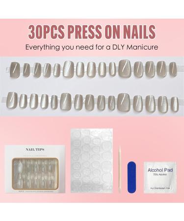 Zahrvia 30 Pieces Cat Eye UV Press On Nails - Moonlight White Coffin Shape Gel Stick-On Nails with Glue for Women - Buy Online on GoSupps.com