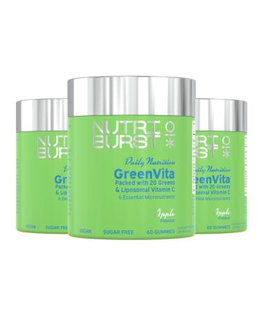 Nutriburst GreenVita Multipack - Vegan Super Greens Blend - Fruit + Veg + 100% Fruiting Bodies Mushrooms + 200 Million Live Bacteria Cultures - Boosted with Vitamins - 3 x 60 Gummies / 3 Month Supply 180 Count (Pack of 1) Greenvita - Super Greens