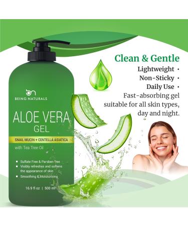 Being Naturals Aloe vera Gel - from 100% Pure Organic Aloe Infused with Snail Mucin/Centella Asiatica - Natural Raw Moisturizer for Face Body Hair. Perfect for Sunburn Acne Razor Bumps 16.9 fl oz - Buy Online on GoSupps.com