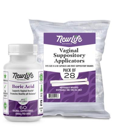 NewLife Naturals New Boric Acid Suppositories 600mg w/ Vaginal Applicators: 60 Suppositories & 28 Applicators - Yeast Infection & BV: USA