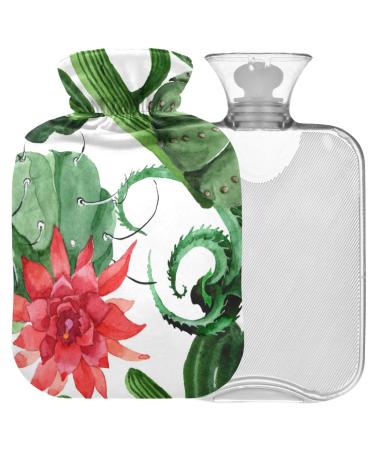 NAANLE hot water bottle with reference green cactus flowers transparent hot water bottle 2l large hot hot water bottle for menstrual cramps pain relief handfoots heat and cold therapy