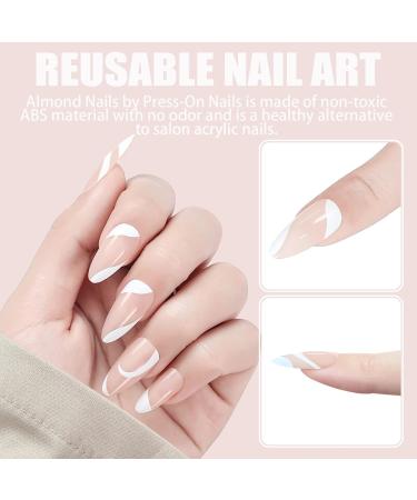 LADYING 24 Pcs Almond Short False Nails | White Swirl French Press On Nails | Trendy Oval Stick On Nails for Women - Buy Online on GoSupps.com