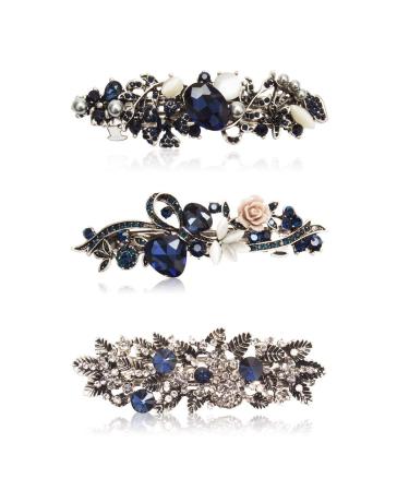 Kicosy Vintage Rhinestone Hair Barrettes 3 Pack - Metal Flower Butterfly French Clip - Black and Navy Blue Pattern - Women's Hair Accessories - Buy Online on GoSupps.com