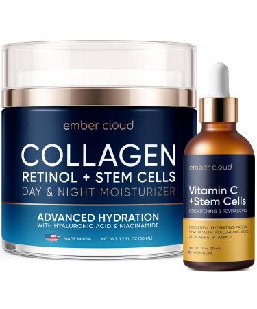 Collagen Cream for Face with Stem Cells Retinol Hyaluronic Acid Niacinamide (1.7 Oz) / Vitamin C Serum for Face (1Oz)