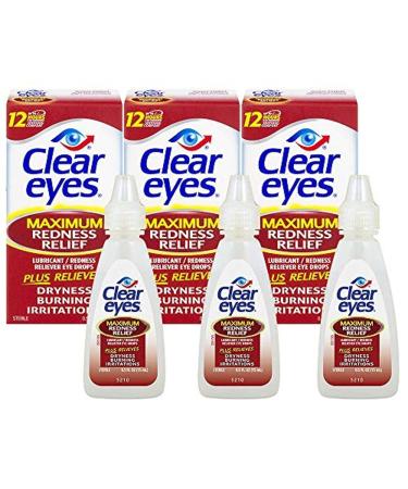Clear Eyes Maximum Redness Relief Eye Drops | Relieves Drying Burning & Irritations 0.5 Fl Oz (Pack of 3) 0.5 Fl Oz (Pack of 3) Max Strength Redness Relief