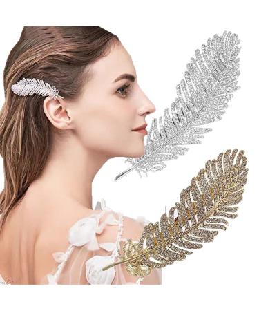 2pcs Crystal Feather Hair Clips Barrettes Vintage Style Hairpins for Women Girls Ladies