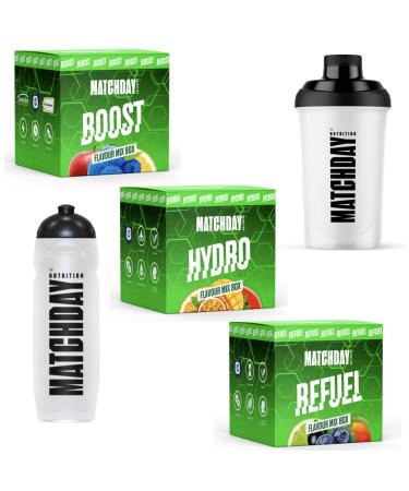 Matchday Nutrition Great Tasting Package XL I Starter Set Nutrition for Footballer I drinks for training & game I 9 flavors I Shaker & drinking bottle I More power