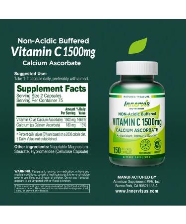 INNERVISNUTRITION Gentle Non-Acidic Vitamin C 1500mg High-Absorption Calcium Ascorbate for Immune & Antioxidant Support 150 Veggie Capsules - Buy Online on GoSupps.com