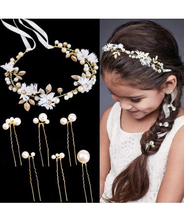 7 Pieces Flower Girls Headpieces Set Leaf Floral Pearls Rhinestone Headband for Wedding Bride Flower Girls Hairband Tiara Crown 1 Headband with 6 Pearl Hair Pins Hair Accessories