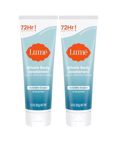 Lume Whole Body Deodorant - Invisible Cream Tube - 72 Hour Odor Control - Aluminum Free Baking Soda Free Skin Safe - 3.0 ounce Two-Pack (Unscented)