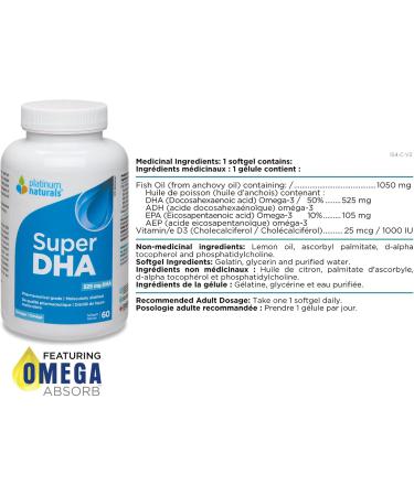 Platinum Naturals Super DHA 525mg 60 Softgels - Premium Fish Oil Omega 3 Supplement High-Potency EPA & DHA for Eye & Heart Health Cholesterol Support Pure Omega-3 Fatty Acids No Fishy Aftertaste - Buy Online on GoSupps.com
