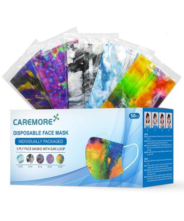 Disposable Face Masks With Designs, Individually Wrapped Masks, Breathable Face Masks (Tie Die) Tie Dye