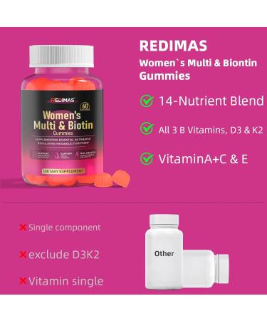 Redimas Multivitamin Gummies for Women Chewable Adult Vitamin with Vitamins A B C D E and Biotin Gummy Format for Everyday Nutrient Inclusion Convenient Daily Routine 60 Gummies - Buy Online on GoSupps.com