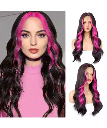 LONAI Long Wavy Black Brown Wig with Hot Pink Money Piece for Women  Heat-Resistant Synthetic Hair Piece for Daily Use Party 26 Inch Dark Brown with Hot Pink Highlights