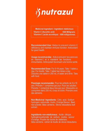 Nutrazul Vitamin C 1000mg Effervescent Tablets - Orange (Pack of 5 X 20) | 100 Days Supply | Gluten Free Lactose Free Sugar Free & Preservative Free | Maintains Immune Function - Buy Online on GoSupps.com