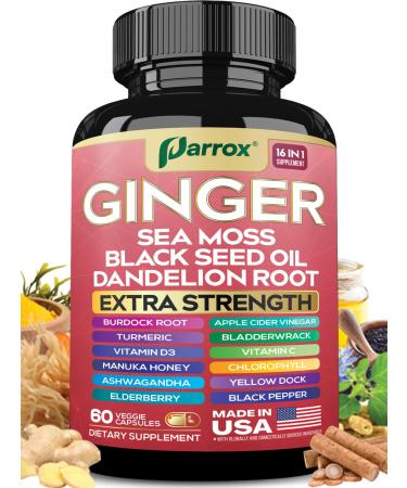 Ginger Black Seed Oil Ashwagandha Turmeric Bladderwrack Burdock Sea Moss Vitamin C Vitamin D3 Elderberry Manuka Honey Dandelion Yellow Dock Chlorophyll ACV Apple Cider Vinegar 60 Capsules 60 Count (Pack of 1)