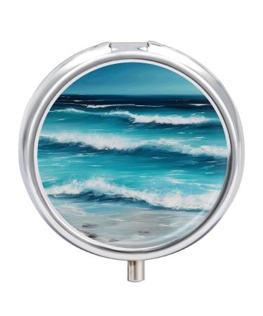 Round Pill Box Turquoise Beach Original Seascape Print 3 Compartment Medicine Pill Case Print Pill Organizer Decorative Metal Portable Pill Box Pocket Pill Box