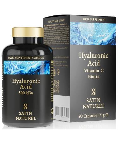 Hyaluronic Acid Capsules 562mg (500 KDA) - 90 Vegan High Strength Capsules - 3 Month Supply - Hyaluronic Acid Supplements with Vitamin C Biotin & Zinc - Support Skin Hair and Nails - Satin Naturel