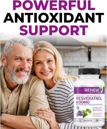 Renew Actives Optimized Resveratrol Supplement - 600mg Natural Resveratrol Complex with 50% Trans Resveratrol - High Antioxidant Formula for Cellular Health - 60 Vegan Capsules (2pk) 60 Count (Pack of 2) - Buy Online on GoSupps.com