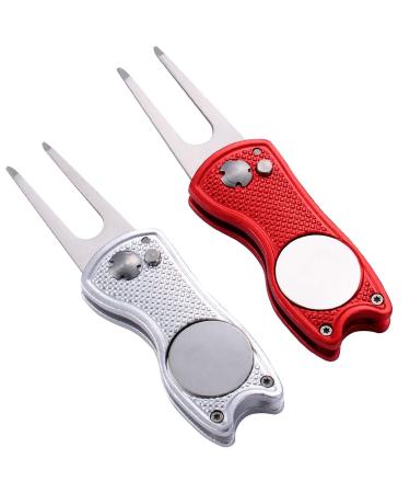 Fpxnb 2 Pack Metal Foldable Golf Divot Tool with Pop-up Button & Magnetic Ball Marker (Pack of 2, Fish Design) red & silver