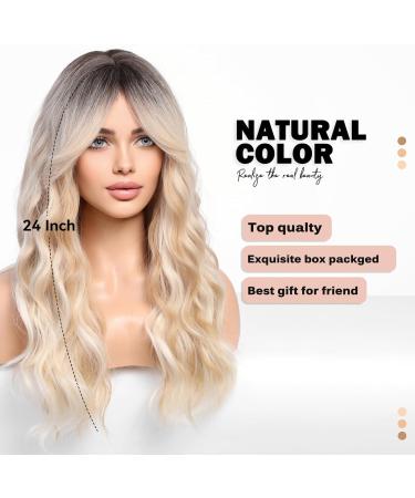 WOKESTAR Long Champagne Blonde Synthetic Hair Wig with Curtain Fringe - Women's Highlighted Wig - Buy Online on GoSupps.com