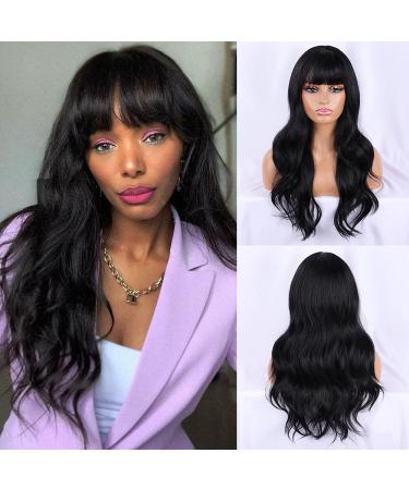 BOGSEA Black Wig with Bangs Long Black Wigs for Women Long Wavy Wigs with Bangs Synthetic Heat Resistant Wave Black Wigs Silky Black Hair Wigs for Women (24 Inch,Natural Black)