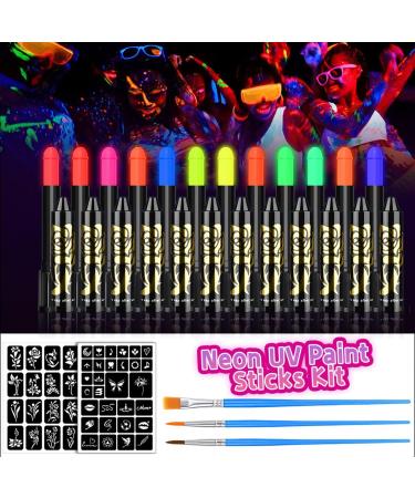 UV Neon Face Paint Glow in Dark 12 Colors Water Based Fluorescent Body Paint Sticks Crayons with stencils and brushes under Blacklight for Glow Party Discos Halloween