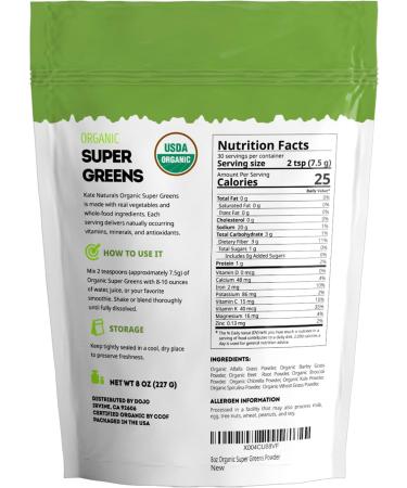 Kate Naturals Organic Super Greens Powder. Daily Greens Superfood Blend with Probiotics & Fiber for Smoothies and Juice (30 Servings 8oz Natural) - Buy Online on GoSupps.com