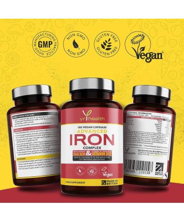 YrHealth Iron Supplement 20mg Anti-Fatigue Complex - 180 Vegan Capsules with Vitamin B12, Folic Acid, C, B6, Zinc, Copper - Made in UK - Buy Online on GoSupps.com