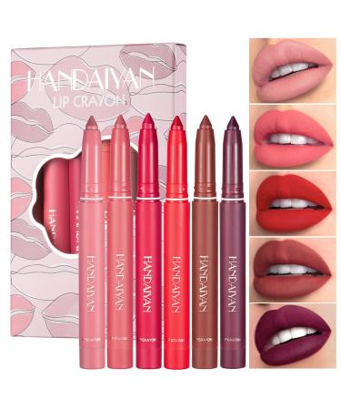BANGFENG 6Pcs HANDAIYAN Rotating Sharpenable Matte Lip Crayon Smudge Resistant Hydrating Highly Pigmented Nude Velvety Feel Lipstick with Built-In Sharpener (Set B)