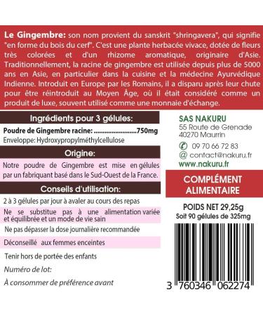 NAKURU | Gingembre | Gamme Power | Fabriqu en France | "Un Zeste de Zing!" (90 G lules V g tales de 325mg / Poids Net: 29 25g) 90 unit (Lot de 1) - Buy Online on GoSupps.com