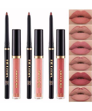 Matte Lip Liner and Liquid Lipstick Set Super Stay Long Lasting Waterproof Non-Stick Cup Lip Makeup Velvety Nude Dark Red Lip Liner and Lip Glaze Set Gift for Women (Set A)